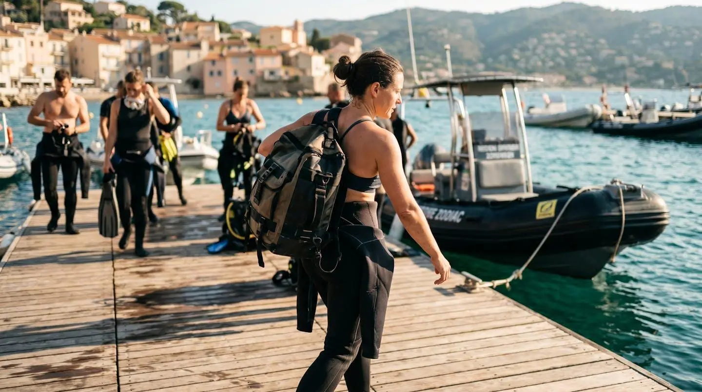 Plongeur portant son sac de plongée sur épaule marchant vers un zodiac amarré sur ponton méditerranéen, combinaison à moitié enfilée, lumière matinale chaude