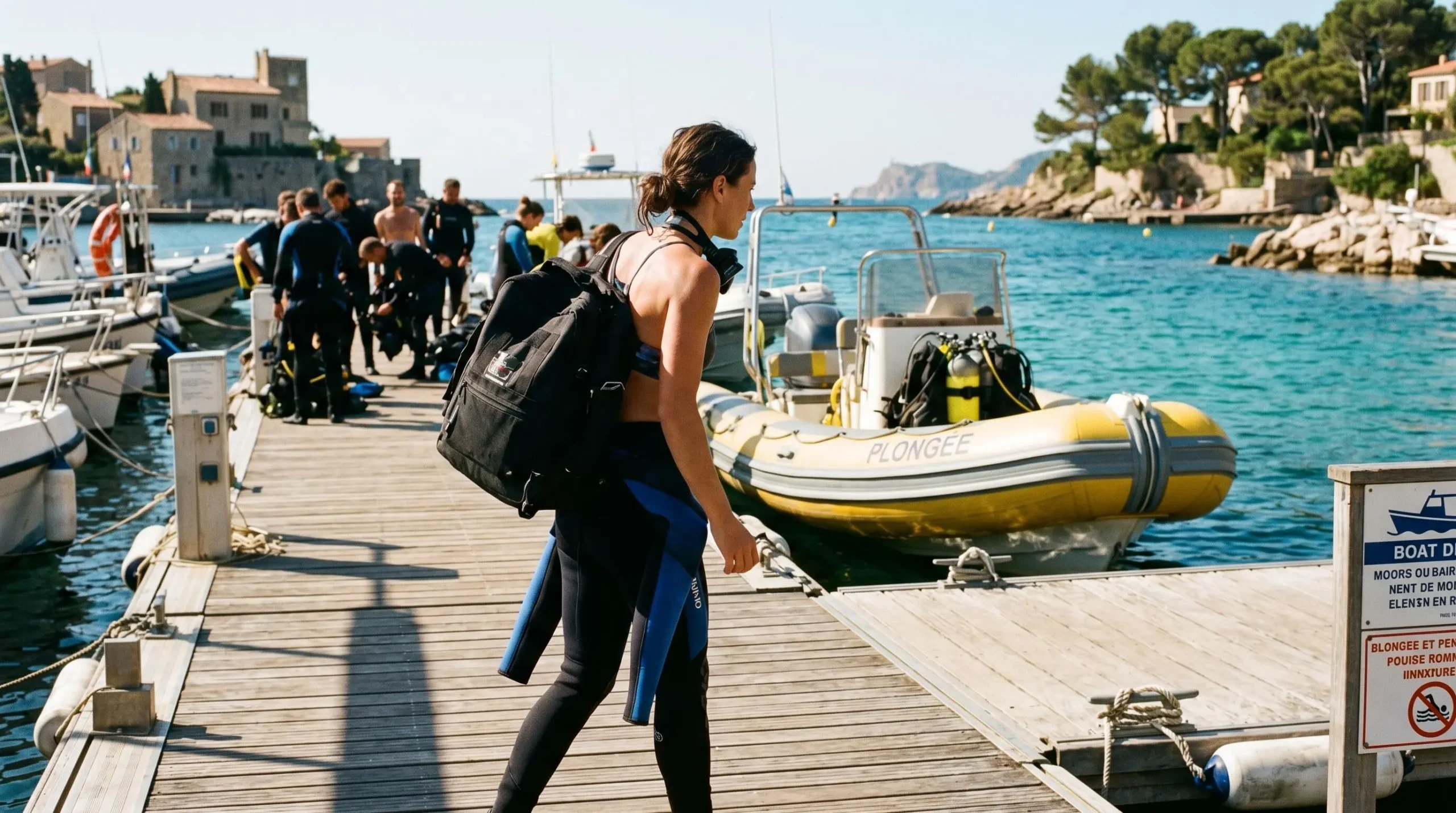 Plongeur portant son sac de plongée sur épaule marchant vers un zodiac amarré sur ponton méditerranéen, combinaison à moitié enfilée, lumière matinale chaude