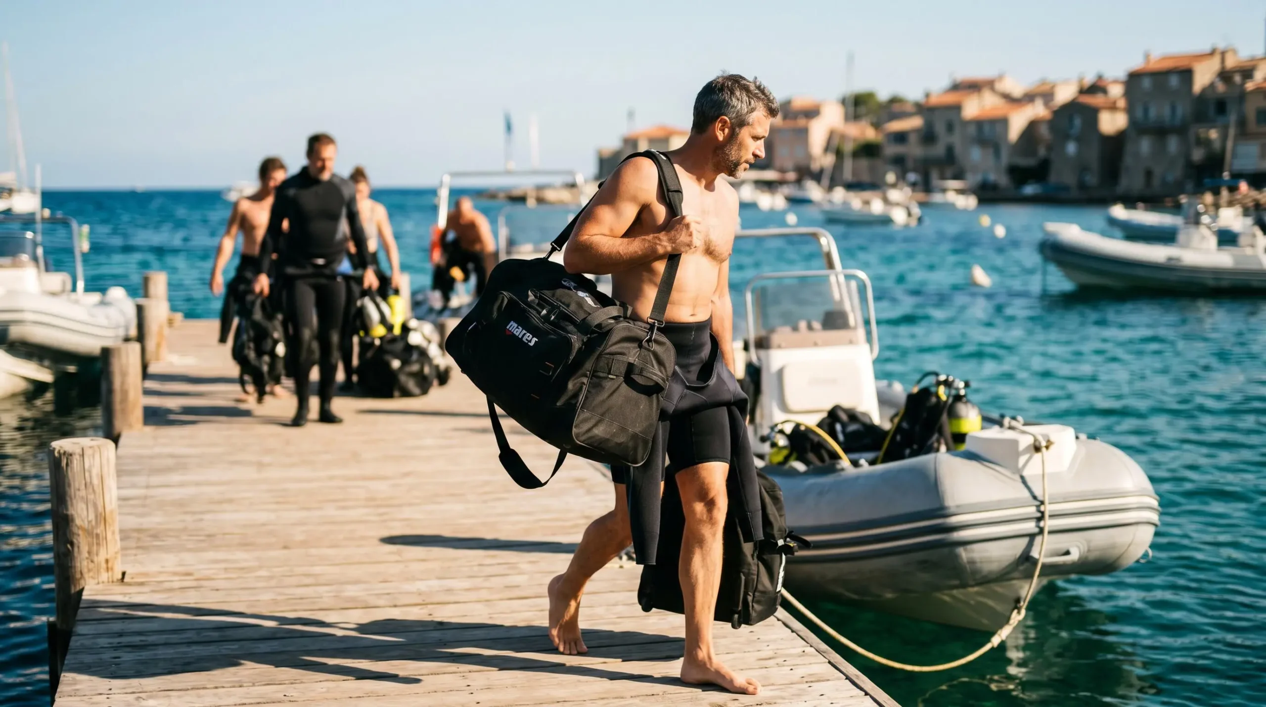 Plongeur portant son sac de plongée sur épaule marchant vers un zodiac amarré sur ponton méditerranéen, combinaison à moitié enfilée, lumière matinale chaude