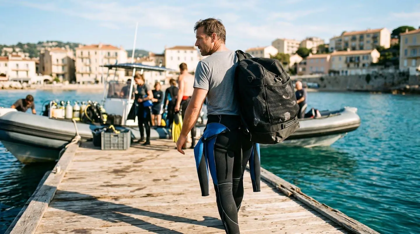 Plongeur portant son sac de plongée sur épaule marchant vers un zodiac amarré sur ponton méditerranéen, combinaison à moitié enfilée, lumière matinale chaude