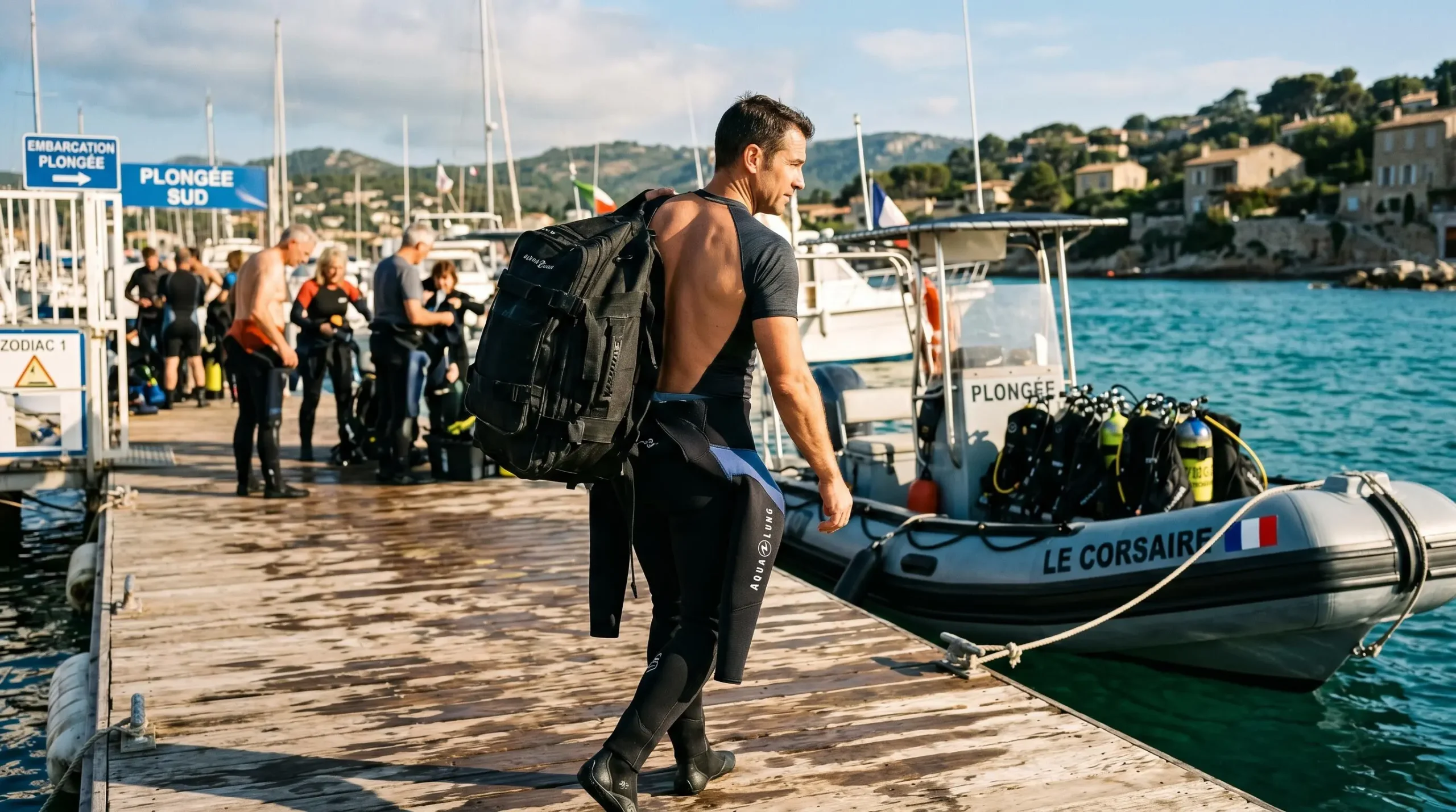 Plongeur portant son sac de plongée sur épaule marchant vers un zodiac amarré sur ponton méditerranéen, combinaison à moitié enfilée, lumière matinale chaude