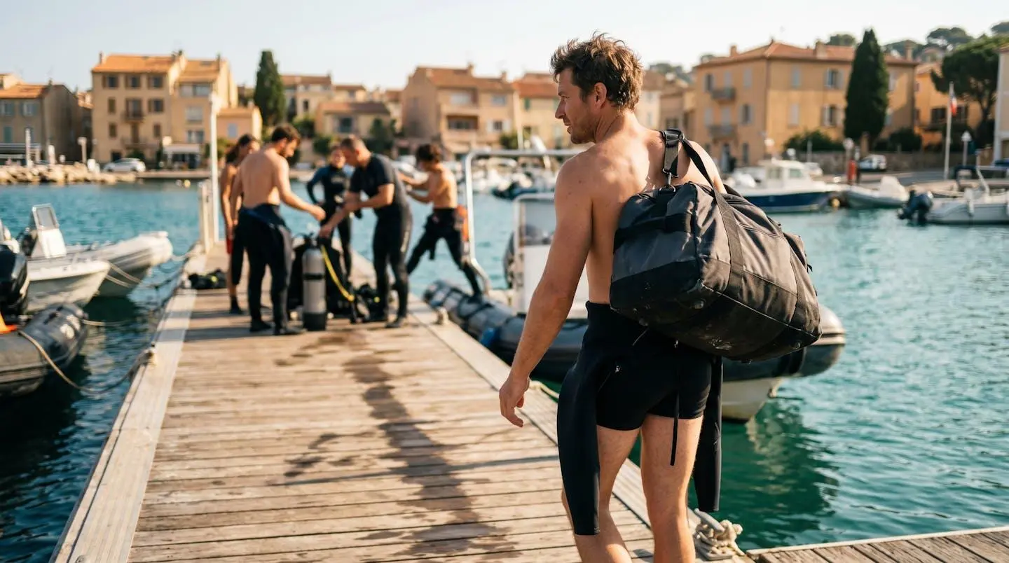 Plongeur portant son sac de plongée sur épaule marchant vers un zodiac amarré sur ponton méditerranéen, combinaison à moitié enfilée, lumière matinale chaude