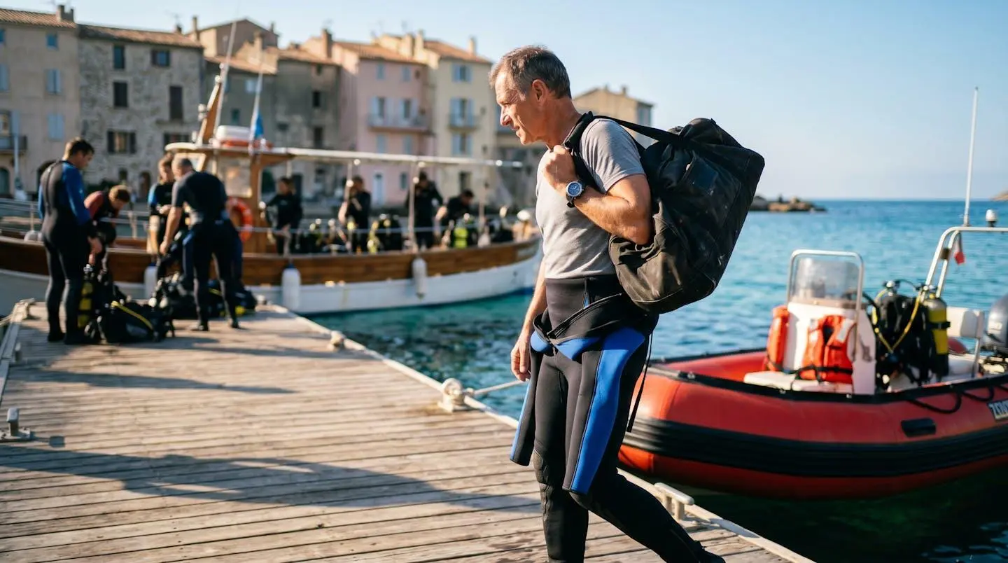 Plongeur portant son sac de plongée sur épaule marchant vers un zodiac amarré sur ponton méditerranéen, combinaison à moitié enfilée, lumière matinale chaude