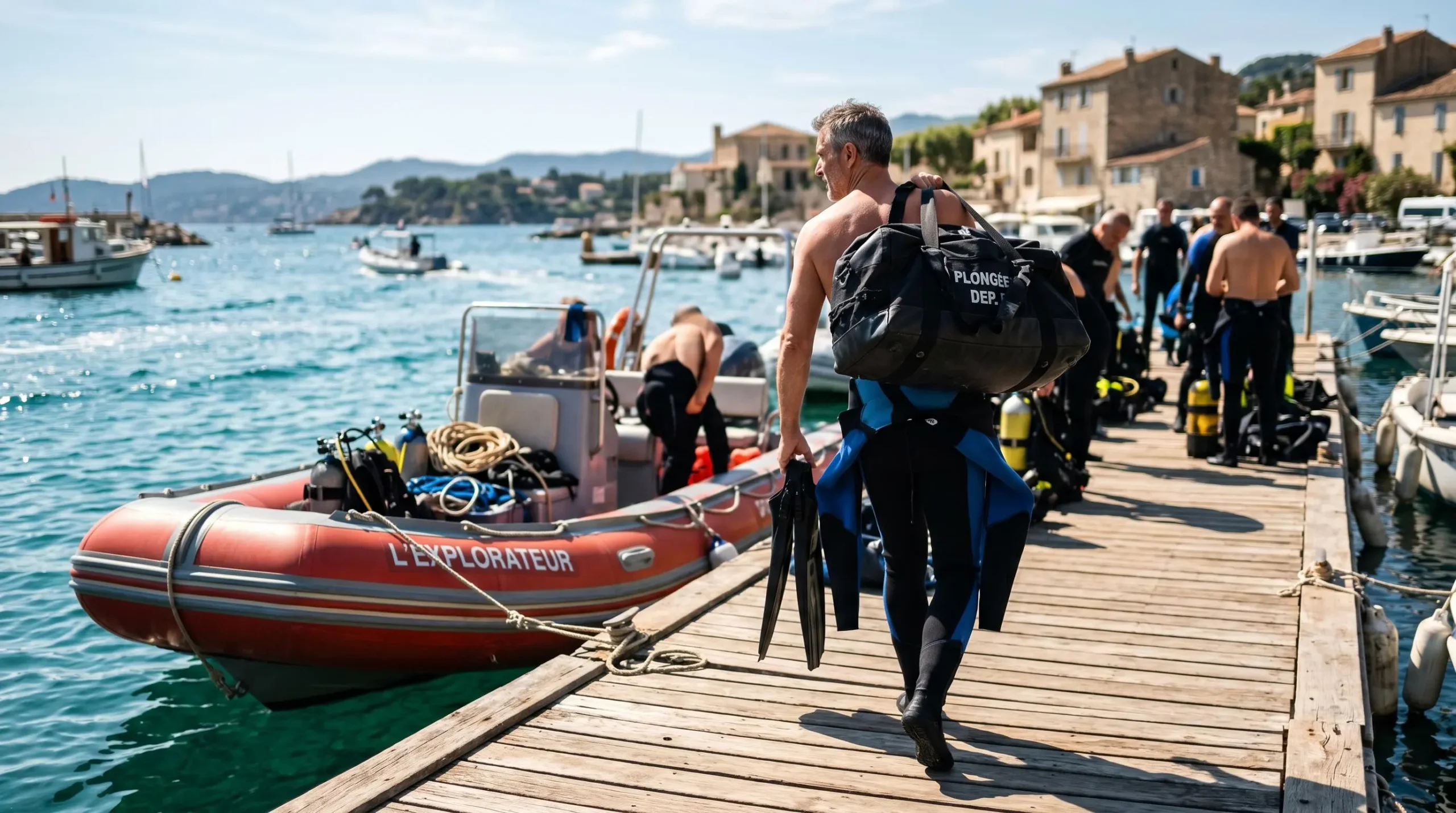 Plongeur portant son sac de plongée sur épaule marchant vers un zodiac amarré sur ponton méditerranéen, combinaison à moitié enfilée, lumière matinale chaude