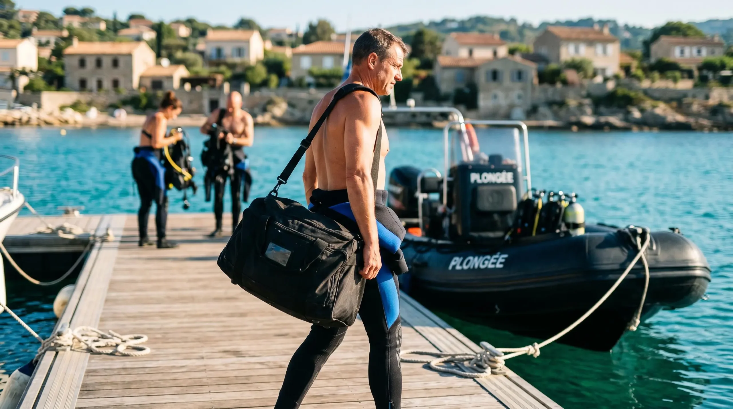 Plongeur portant son sac de plongée sur épaule marchant vers un zodiac amarré sur ponton méditerranéen, combinaison à moitié enfilée, lumière matinale chaude
