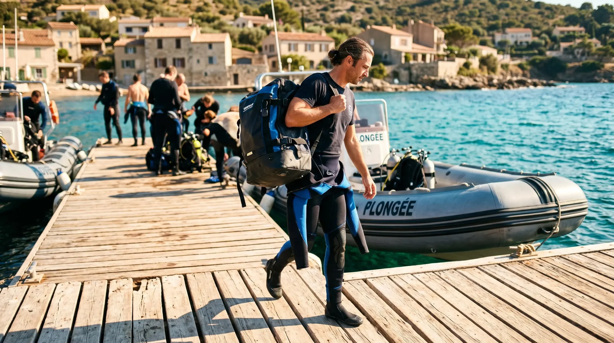 Plongeur portant son sac de plongée sur épaule marchant vers un zodiac amarré sur ponton méditerranéen, combinaison à moitié enfilée, lumière matinale chaude