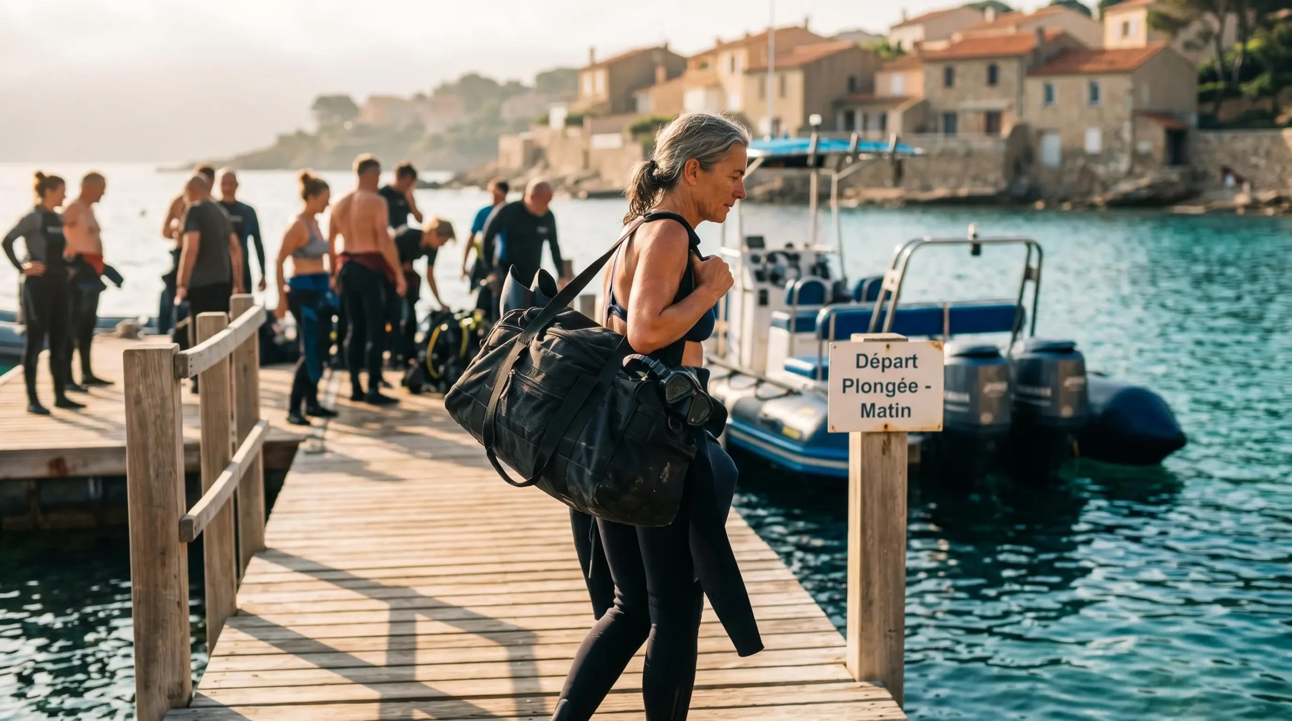 Plongeur portant son sac de plongée sur épaule marchant vers un zodiac amarré sur ponton méditerranéen, combinaison à moitié enfilée, lumière matinale chaude