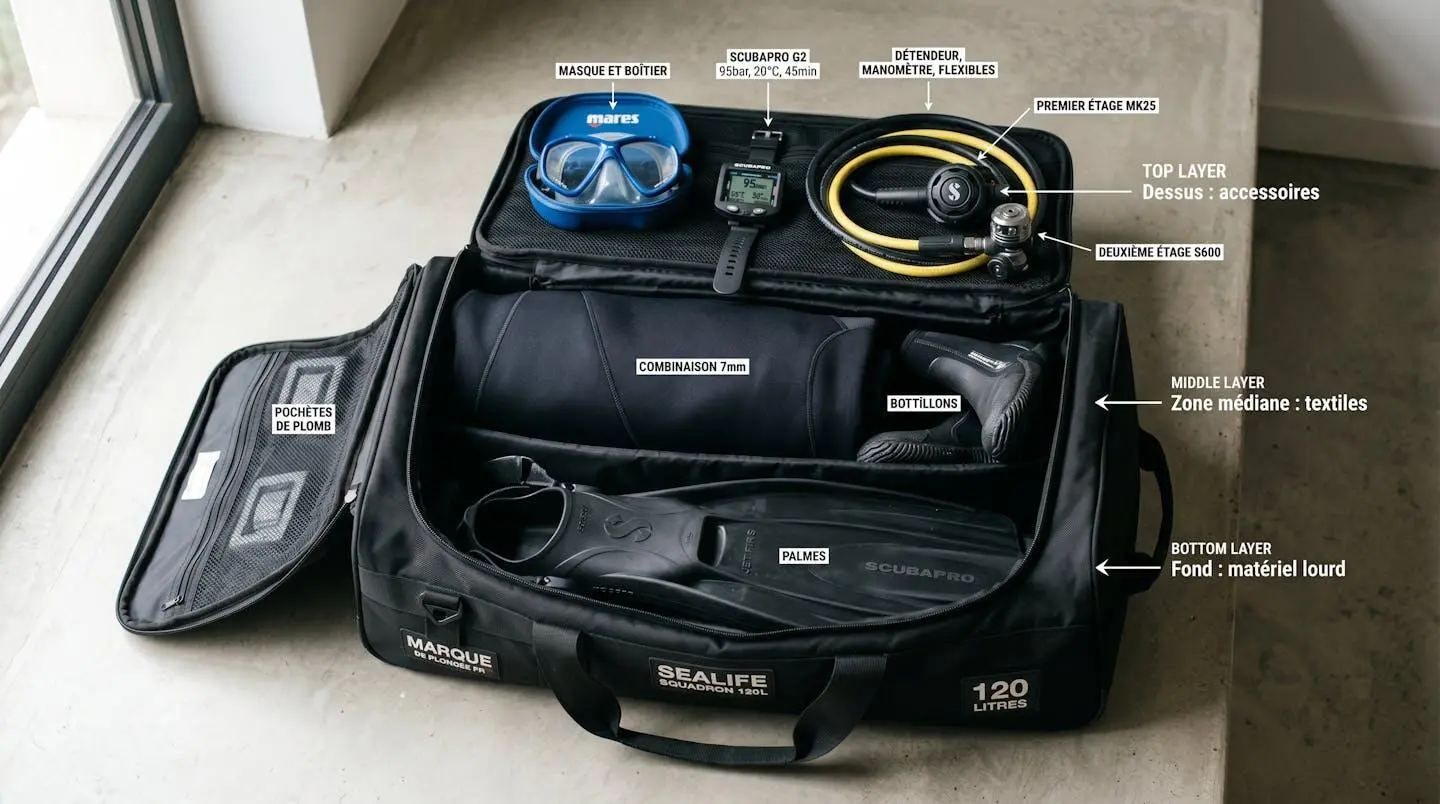 Sac de plongée ouvert montrant organisation en trois couches : palmes et plombs au fond, combinaison roulée au milieu, masque ordinateur et détendeur en surface, avec étiquettes pédagogiques en français