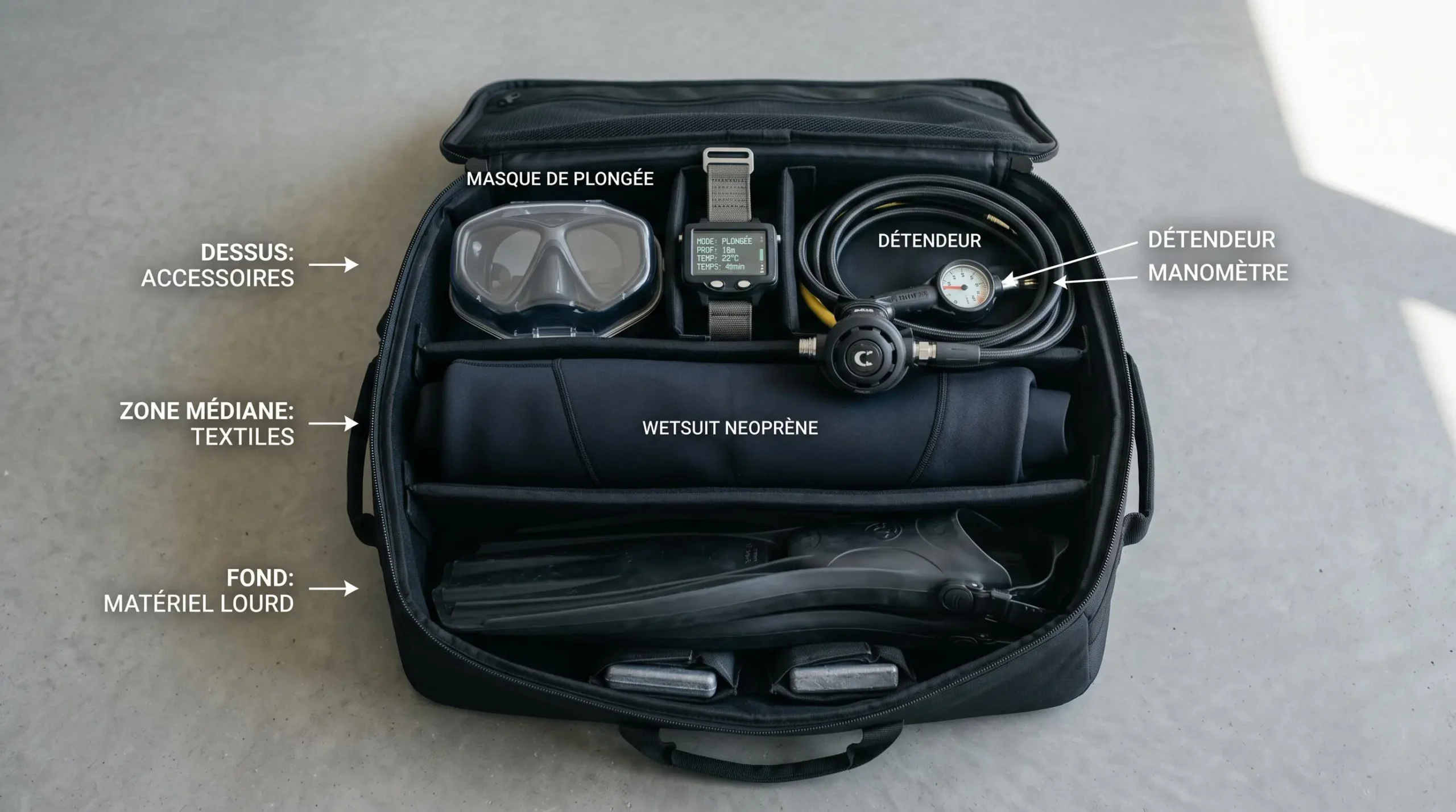 Sac de plongée ouvert montrant organisation en trois couches : palmes et plombs au fond, combinaison roulée au milieu, masque ordinateur et détendeur en surface, avec étiquettes pédagogiques en français