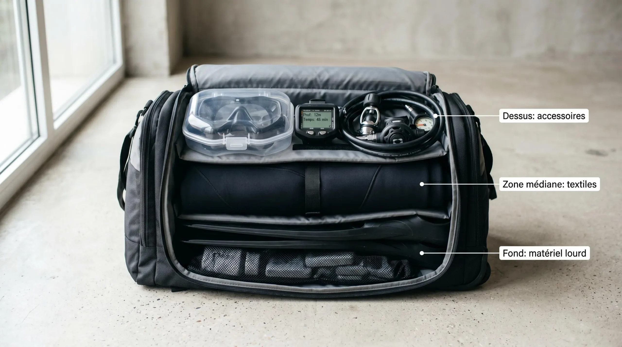 Sac de plongée ouvert montrant organisation en trois couches : palmes et plombs au fond, combinaison roulée au milieu, masque ordinateur et détendeur en surface, avec étiquettes pédagogiques en français