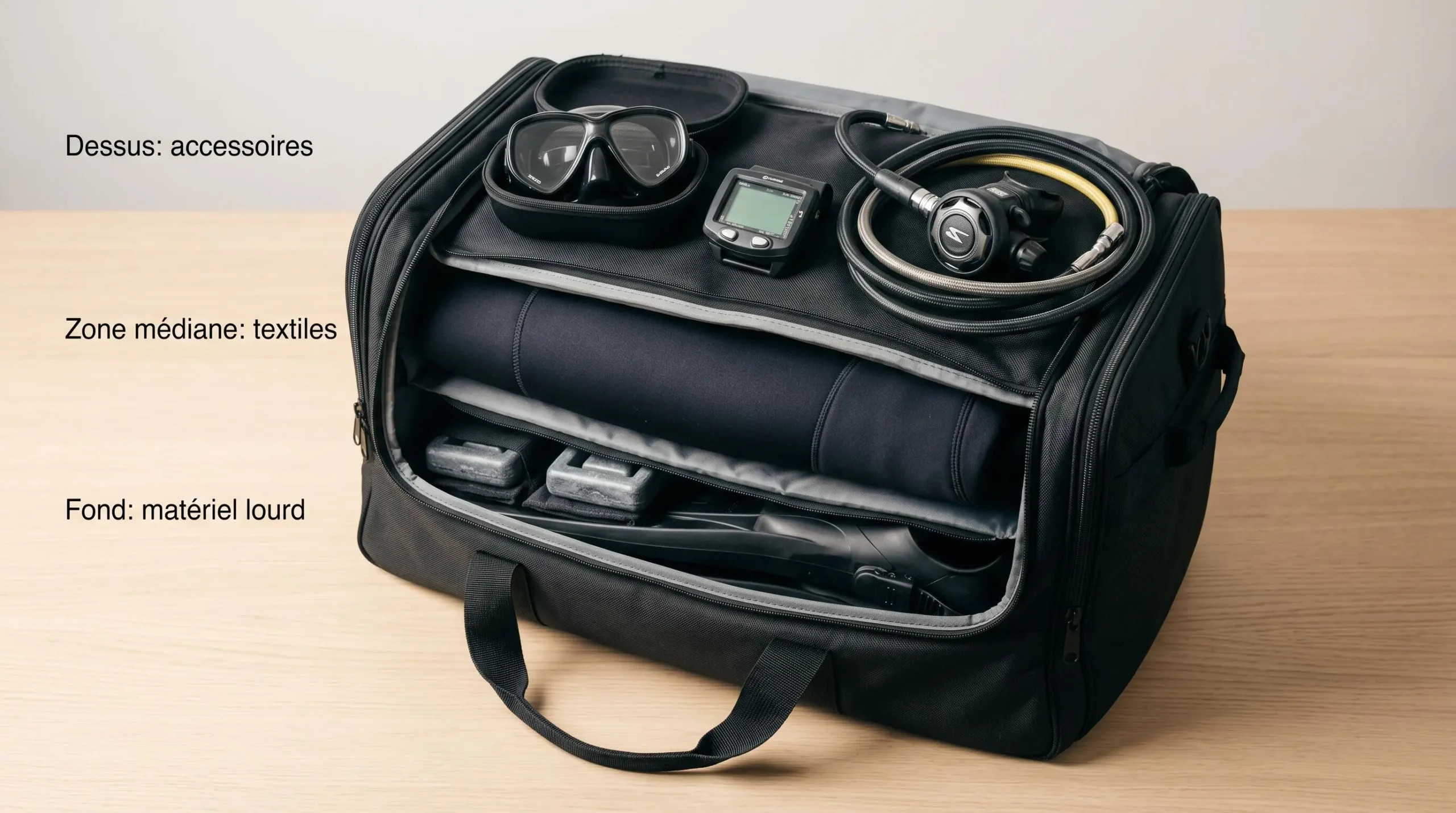 Sac de plongée ouvert montrant organisation en trois couches : palmes et plombs au fond, combinaison roulée au milieu, masque ordinateur et détendeur en surface, avec étiquettes pédagogiques en français