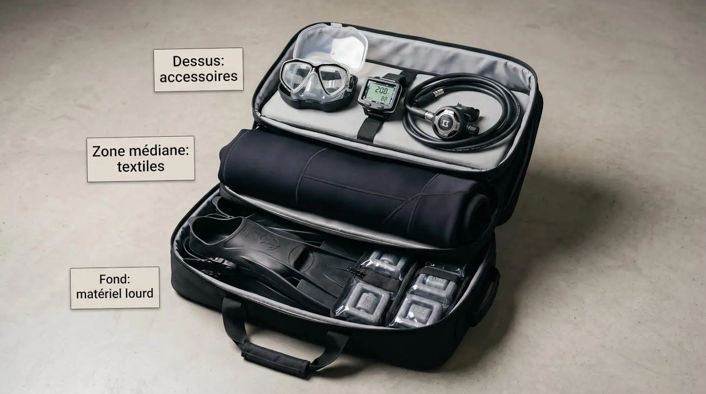 Sac de plongée ouvert montrant organisation en trois couches : palmes et plombs au fond, combinaison roulée au milieu, masque ordinateur et détendeur en surface, avec étiquettes pédagogiques en français