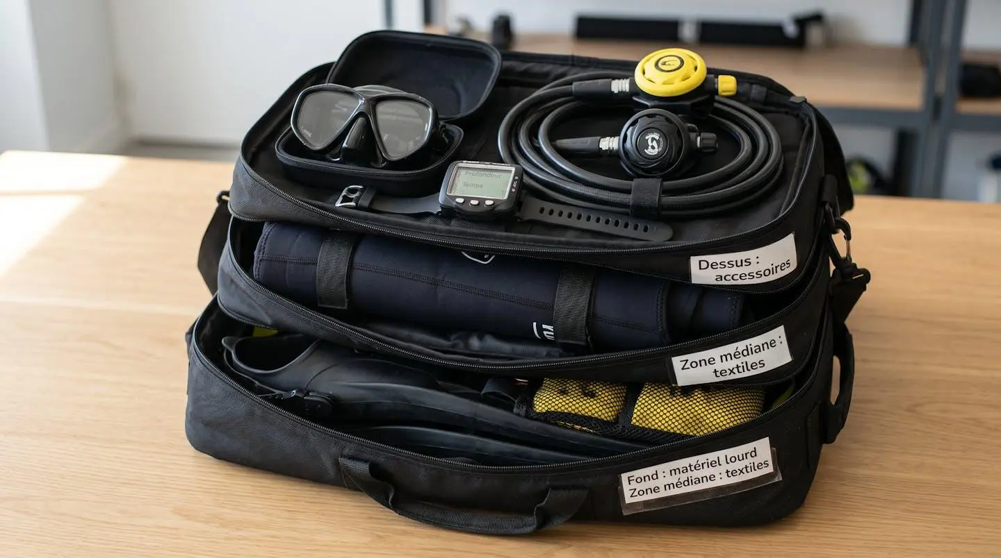 Sac de plongée ouvert montrant organisation en trois couches : palmes et plombs au fond, combinaison roulée au milieu, masque ordinateur et détendeur en surface, avec étiquettes pédagogiques en français