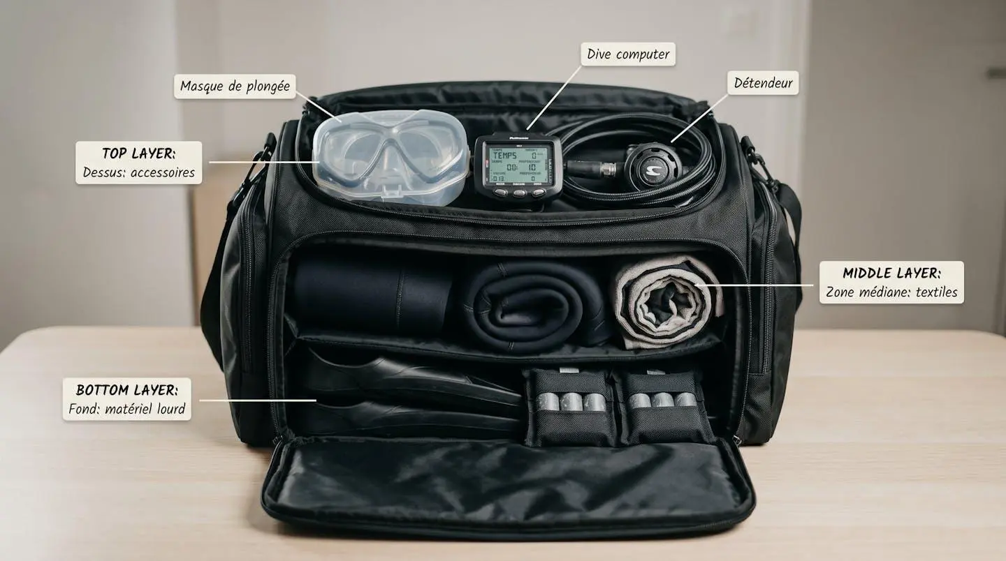 Sac de plongée ouvert montrant organisation en trois couches : palmes et plombs au fond, combinaison roulée au milieu, masque ordinateur et détendeur en surface, avec étiquettes pédagogiques en français