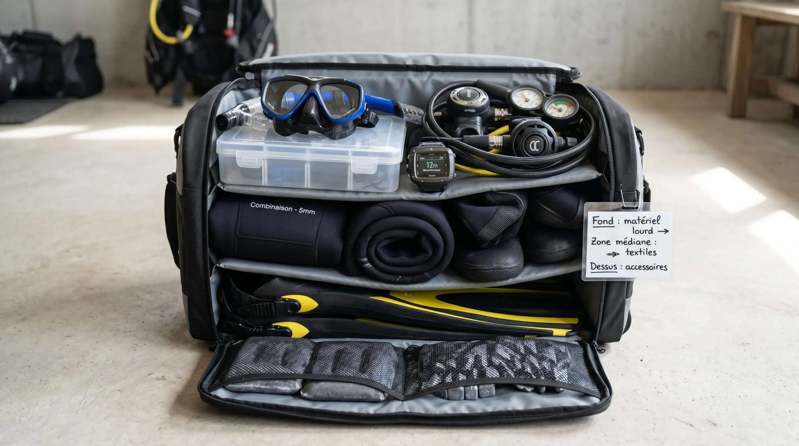 Sac de plongée ouvert montrant organisation en trois couches : palmes et plombs au fond, combinaison roulée au milieu, masque ordinateur et détendeur en surface, avec étiquettes pédagogiques en français