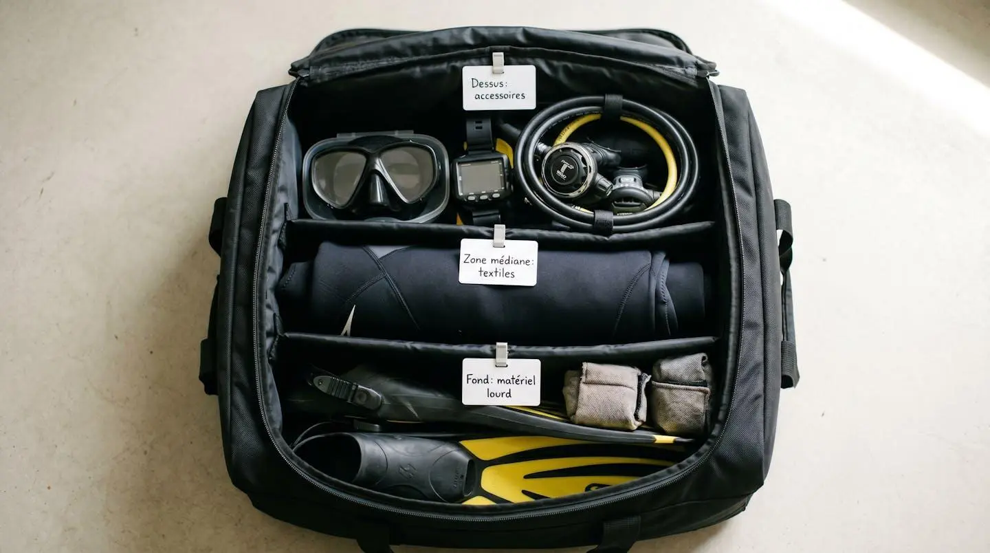 Sac de plongée ouvert montrant organisation en trois couches : palmes et plombs au fond, combinaison roulée au milieu, masque ordinateur et détendeur en surface, avec étiquettes pédagogiques en français