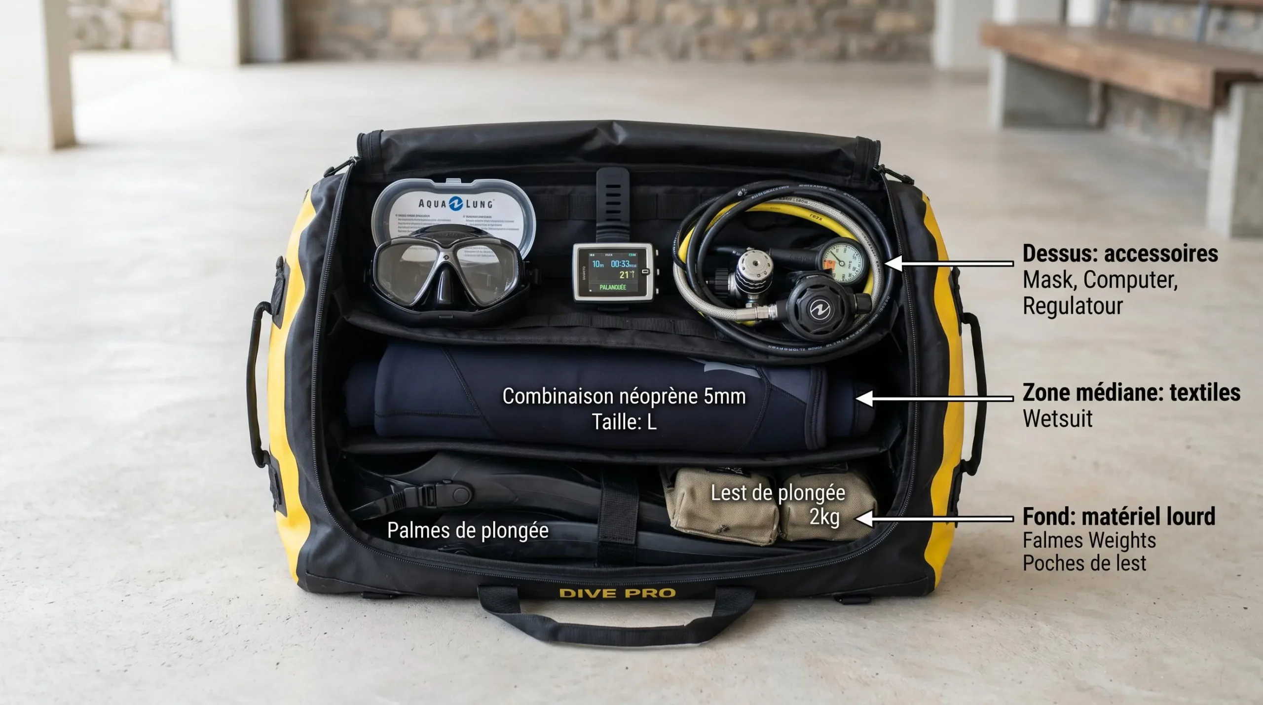 Sac de plongée ouvert montrant organisation en trois couches : palmes et plombs au fond, combinaison roulée au milieu, masque ordinateur et détendeur en surface, avec étiquettes pédagogiques en français
