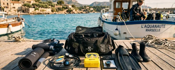 Sac de plongée ouvert sur un ponton méditerranéen avec équipement organisé méthodiquement autour : combinaison roulée, détendeur, masque, palmes et ordinateur de plongée disposés par catégorie, lumière matinale dorée