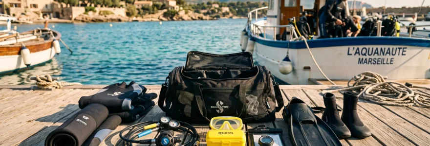Sac de plongée ouvert sur un ponton méditerranéen avec équipement organisé méthodiquement autour : combinaison roulée, détendeur, masque, palmes et ordinateur de plongée disposés par catégorie, lumière matinale dorée