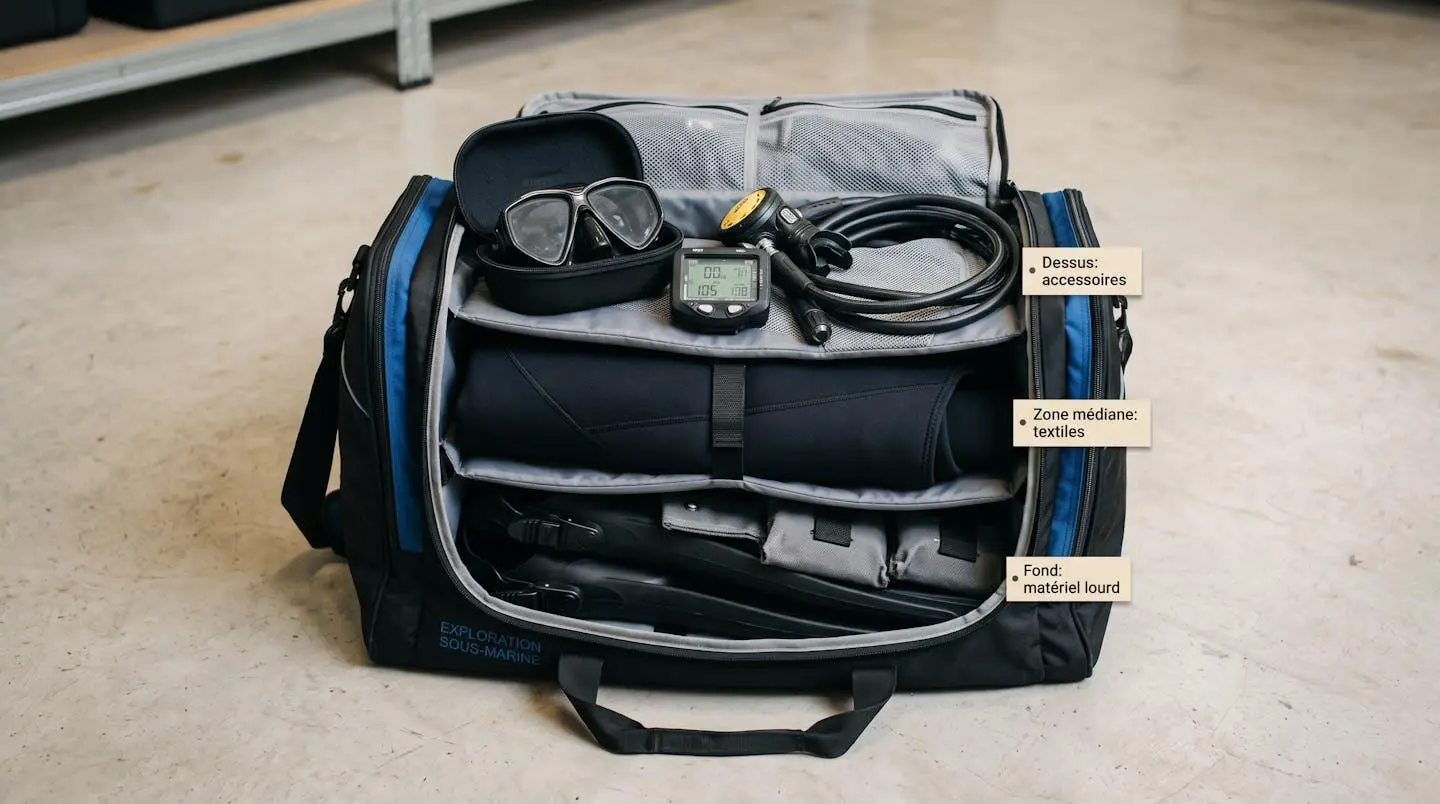 Sac de plongée ouvert montrant organisation en trois couches : palmes et plombs au fond, combinaison roulée au milieu, masque ordinateur et détendeur en surface, avec étiquettes pédagogiques en français